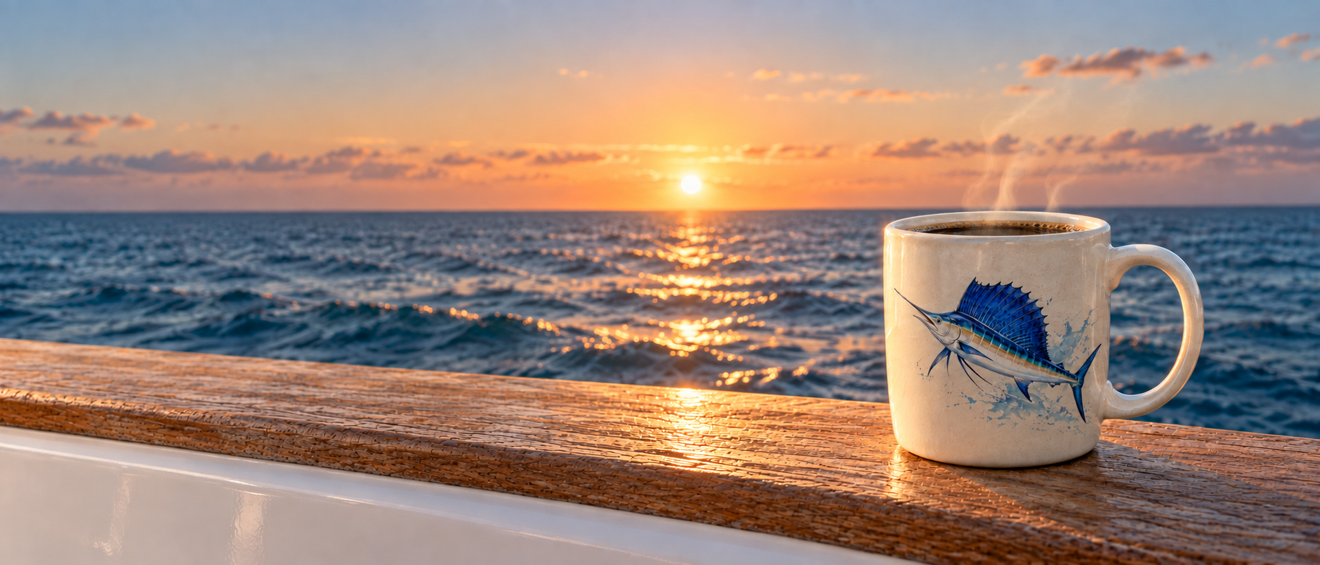 Steam rises from a sailfish-decorated coffee mug on a teak boat rail overlooking the ocean at sunrise.